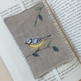 Elastic Bookmark with Embroidered Blue Tit