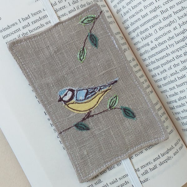 Elastic Bookmark with Embroidered Blue Tit