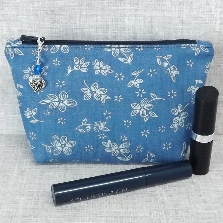 Makeup bag, zipped pouch, cosmetic bag, floral denim
