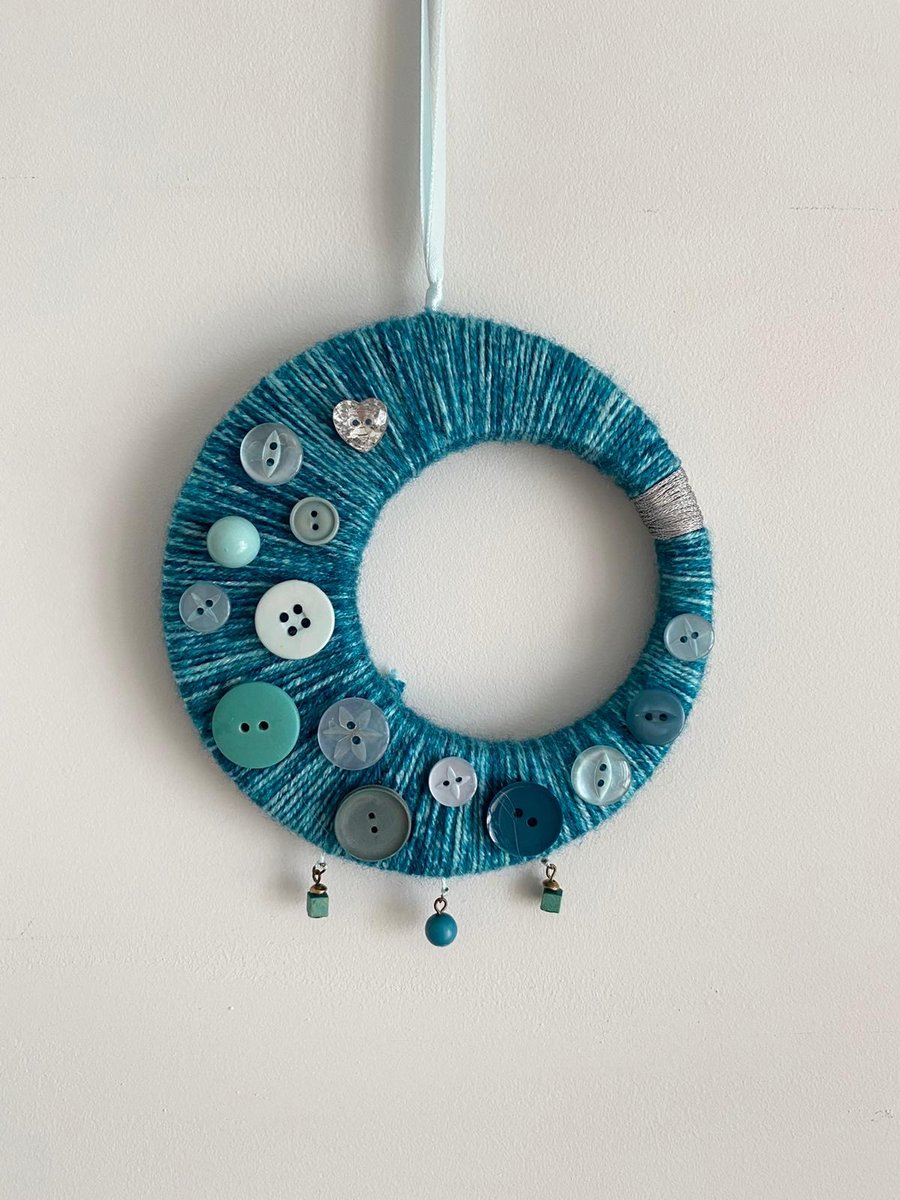 Blue Button Moon Wreath Hanging Decoration 