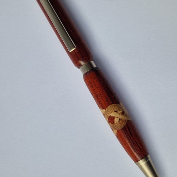 Redwood Pen with Inlaid Oak Celtic Cross - Lathe Turned Wooden Writing Pen