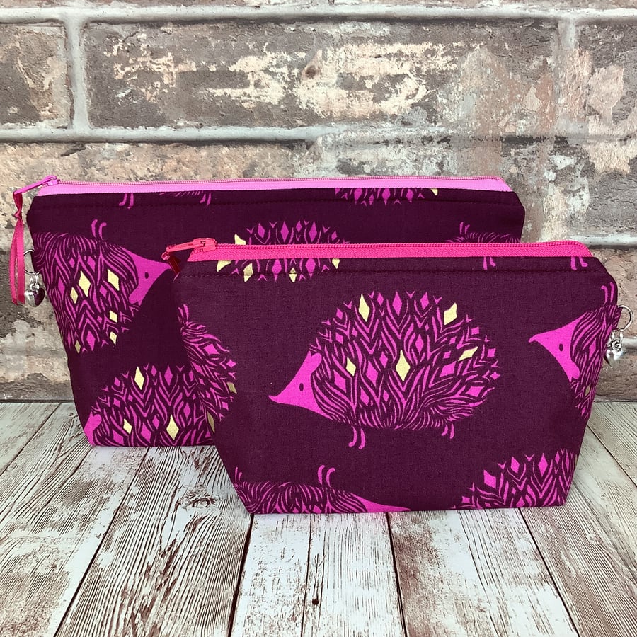 Hedgehog Zip case, Makeup bag, Fabric, 2 size options, Handmade