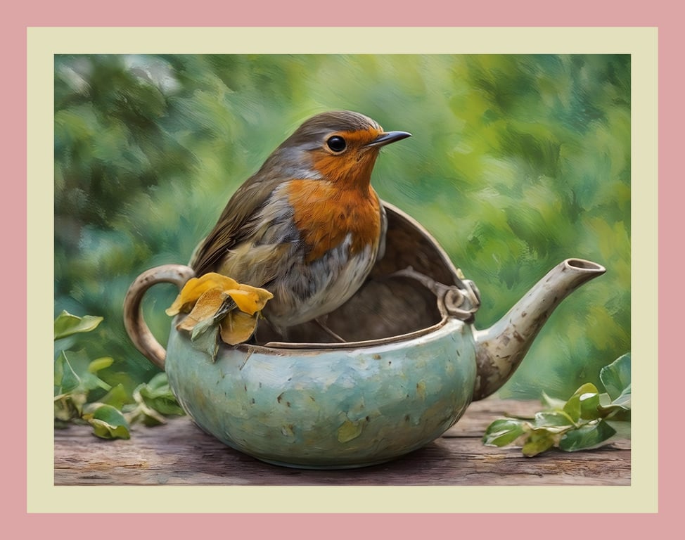 Robin In Tea Pot Blank Greeting Card A5