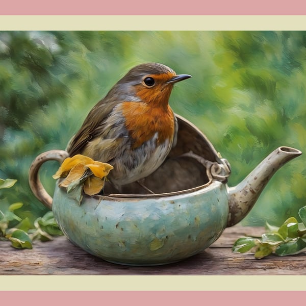 Robin In Tea Pot Blank Greeting Card A5