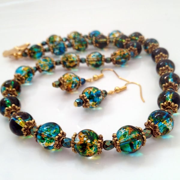 Green Marble Effect Neckace and Earring Set