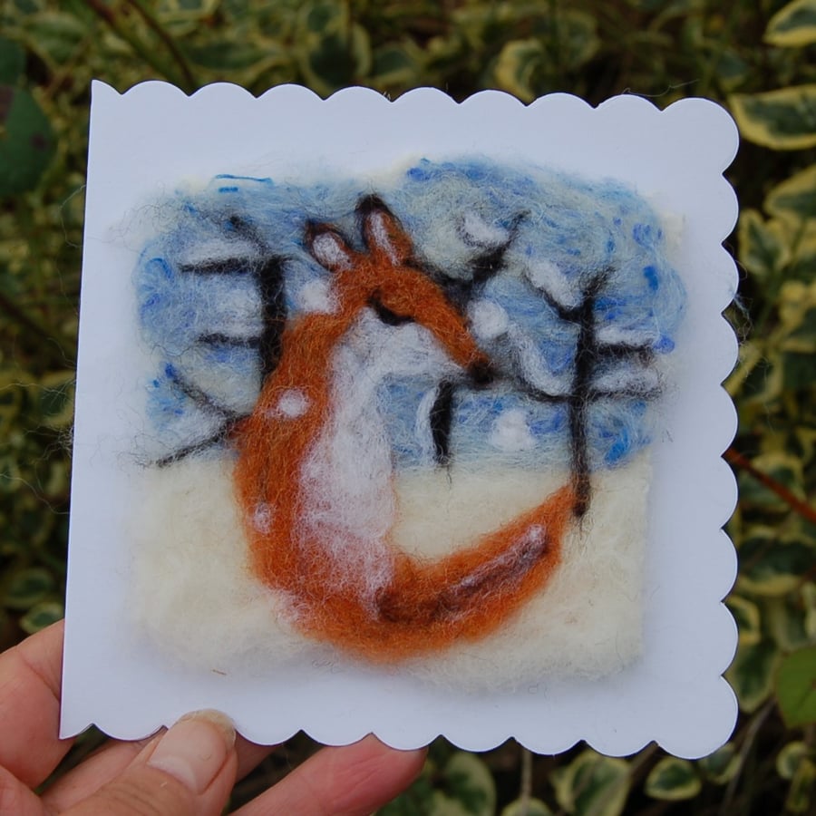 Winter Fox, Needle felt wool card, Birthday card, Thank you card, Fox card,