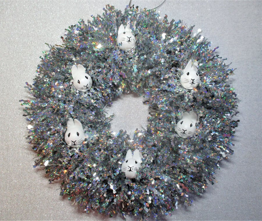Christmas Wreath Tinsel with Bunny Rabbit Hand Painted Bauble Heads White Silver