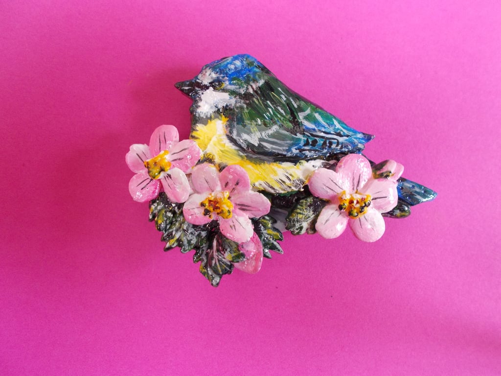 BLUE TIT & PINK FLOWERS BROOCH Garden Bird Lapel Flower Pin HANDMADE HANDPAINTED