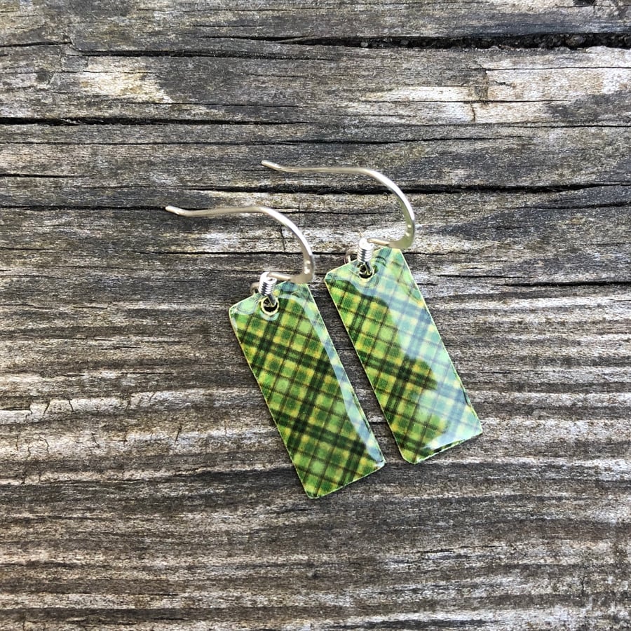 Green Tartan Decoupage & Enamel Rectangle Earrings. Sterling silver.