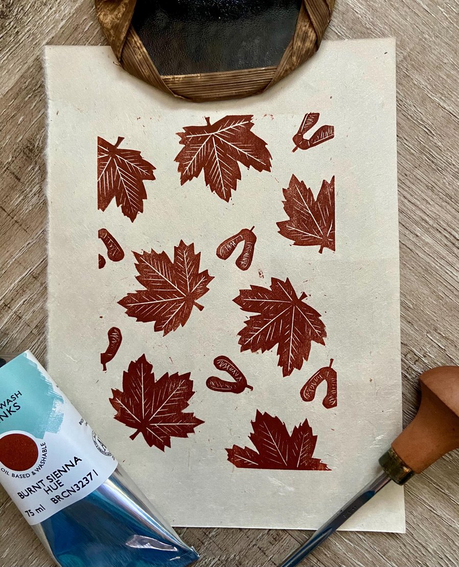 Sycamore Leaf Linoprint: Hand-Burnished Autumn Wall Art