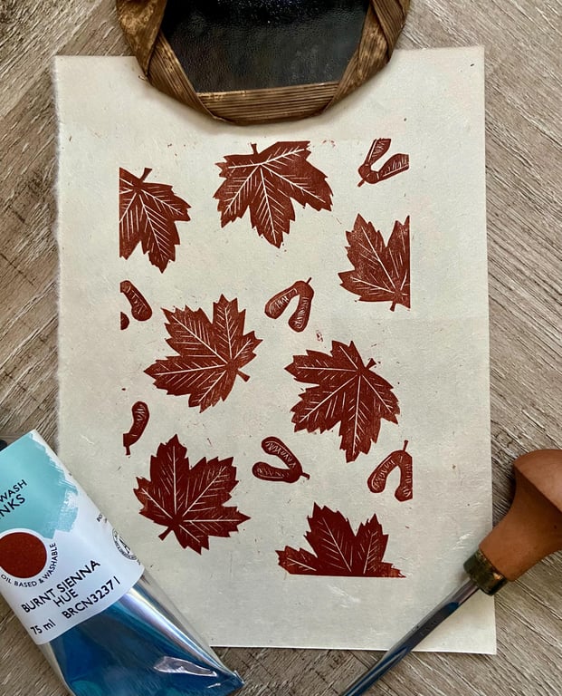 Sycamore Leaf Linoprint: Hand-Burnished Autumn Wall Art