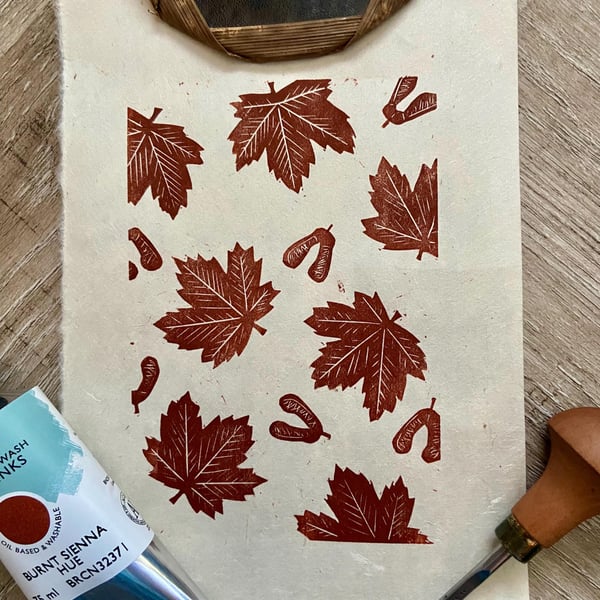 Sycamore Leaf Linoprint: Hand-Burnished Autumn Wall Art