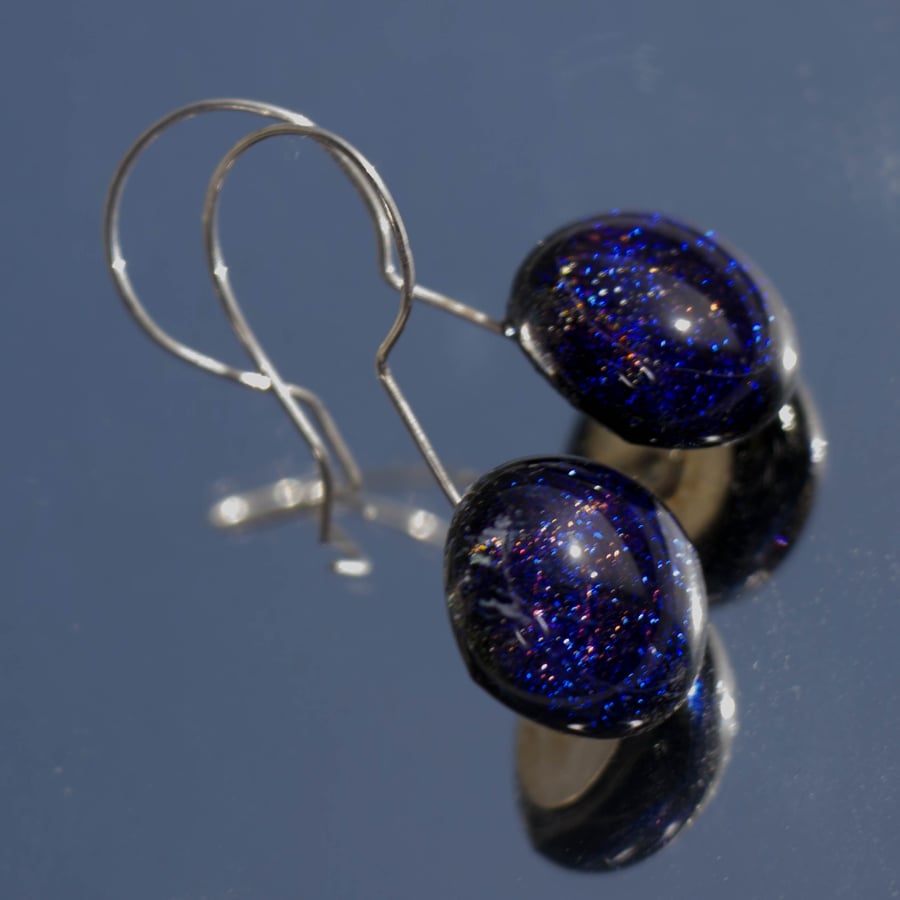 Dark Blue Dichroic Glass Earrings on Sterling Silver Wires - 2094