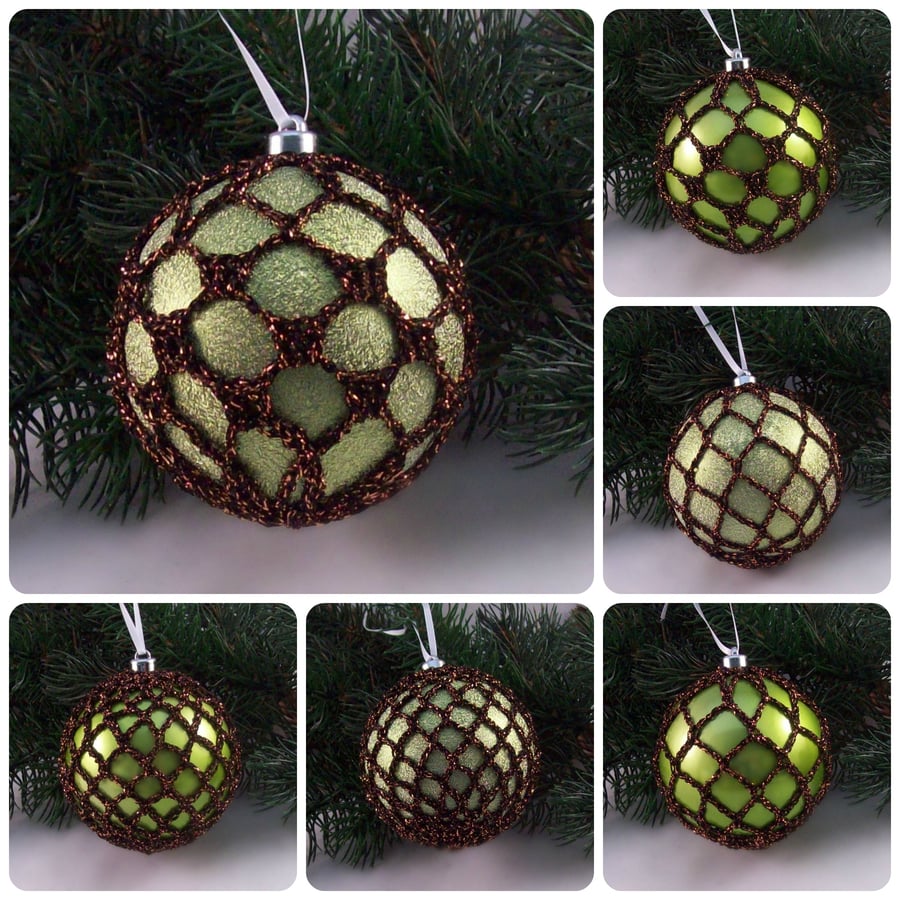 Christmas baubles boxed set of 6 large decorated with crochet lace
