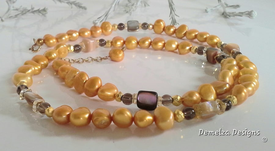 Stunning Golden Freshwater Pearl, Citrine, Abolone Shell Gold Vermeil Necklace