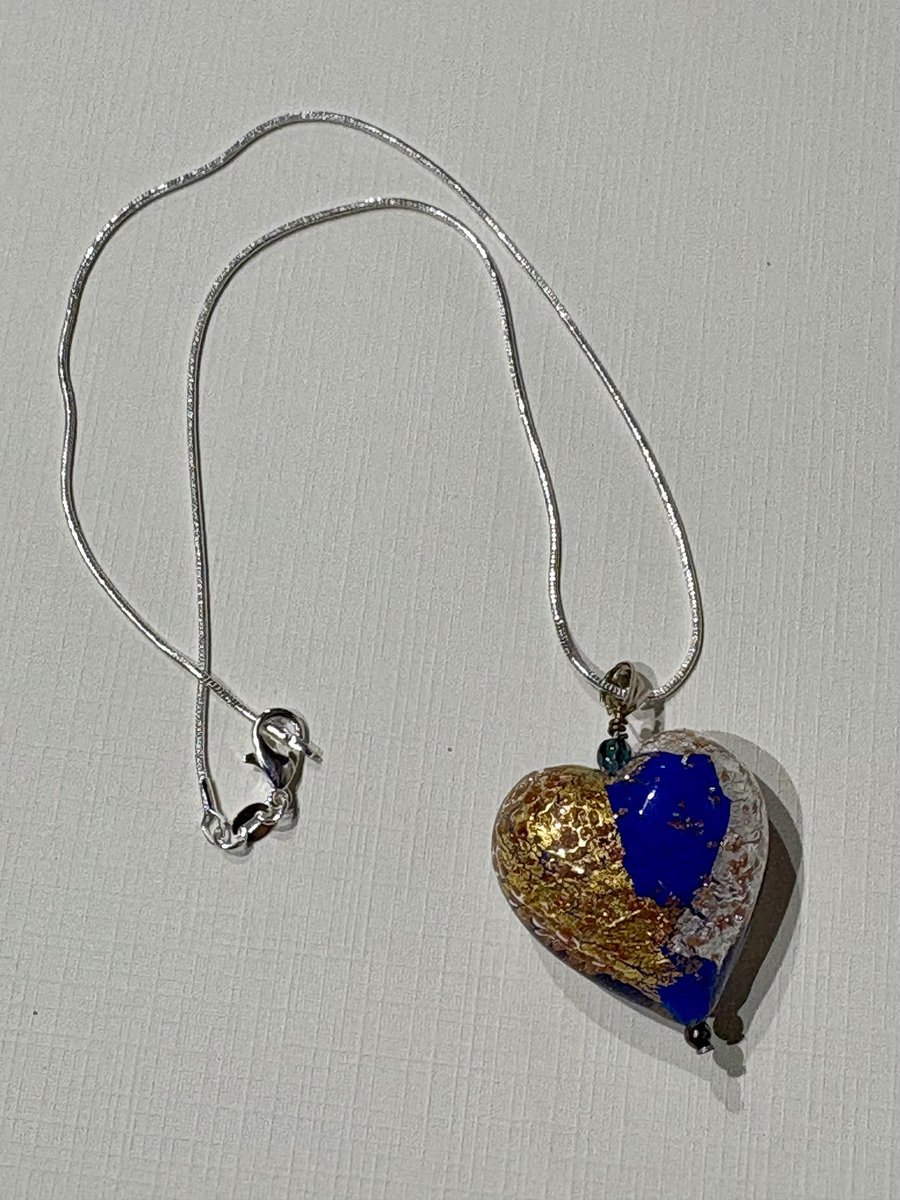Genuine Murano Glass Heart – Blue & Gold Leaf Pendant. Imported from Italy