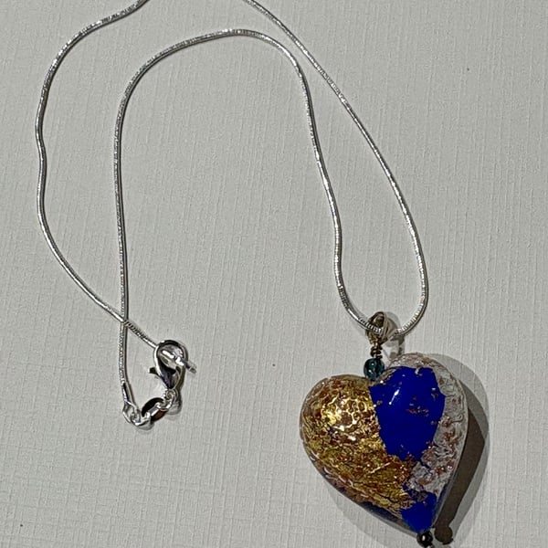 Genuine Murano Glass Heart – Blue & Gold Leaf Pendant. Imported from Italy
