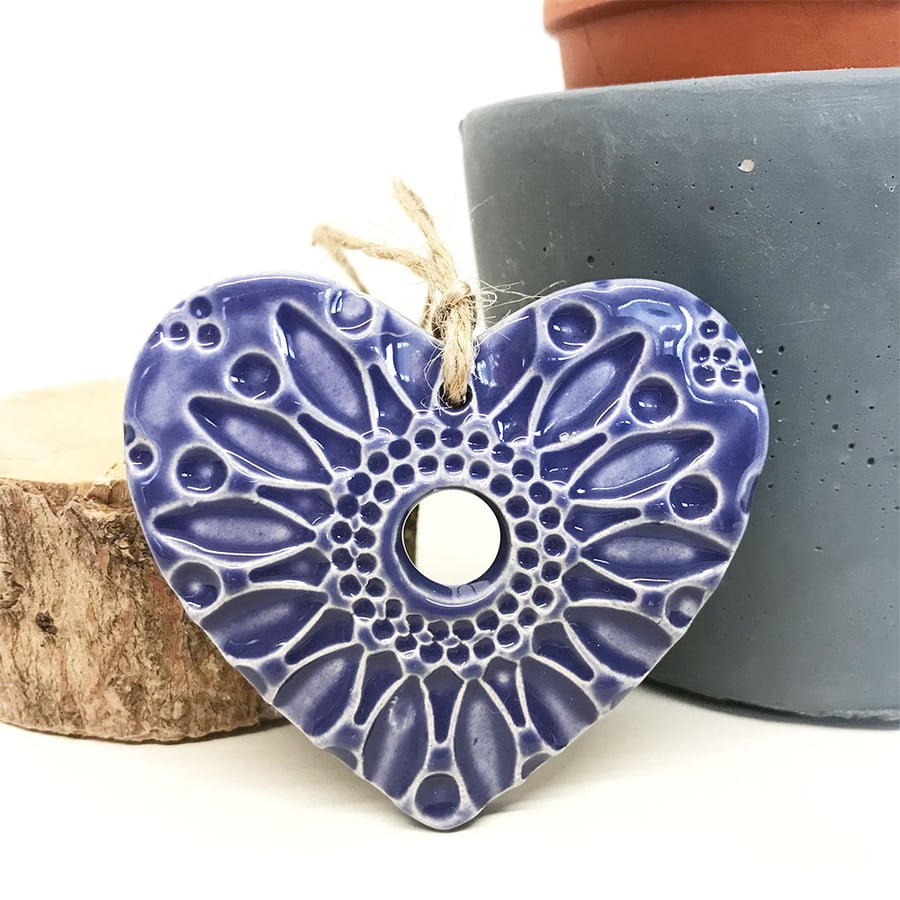 Small Ceramic heart hanging decoration Pottery Heart Folk art  Bluey Purple