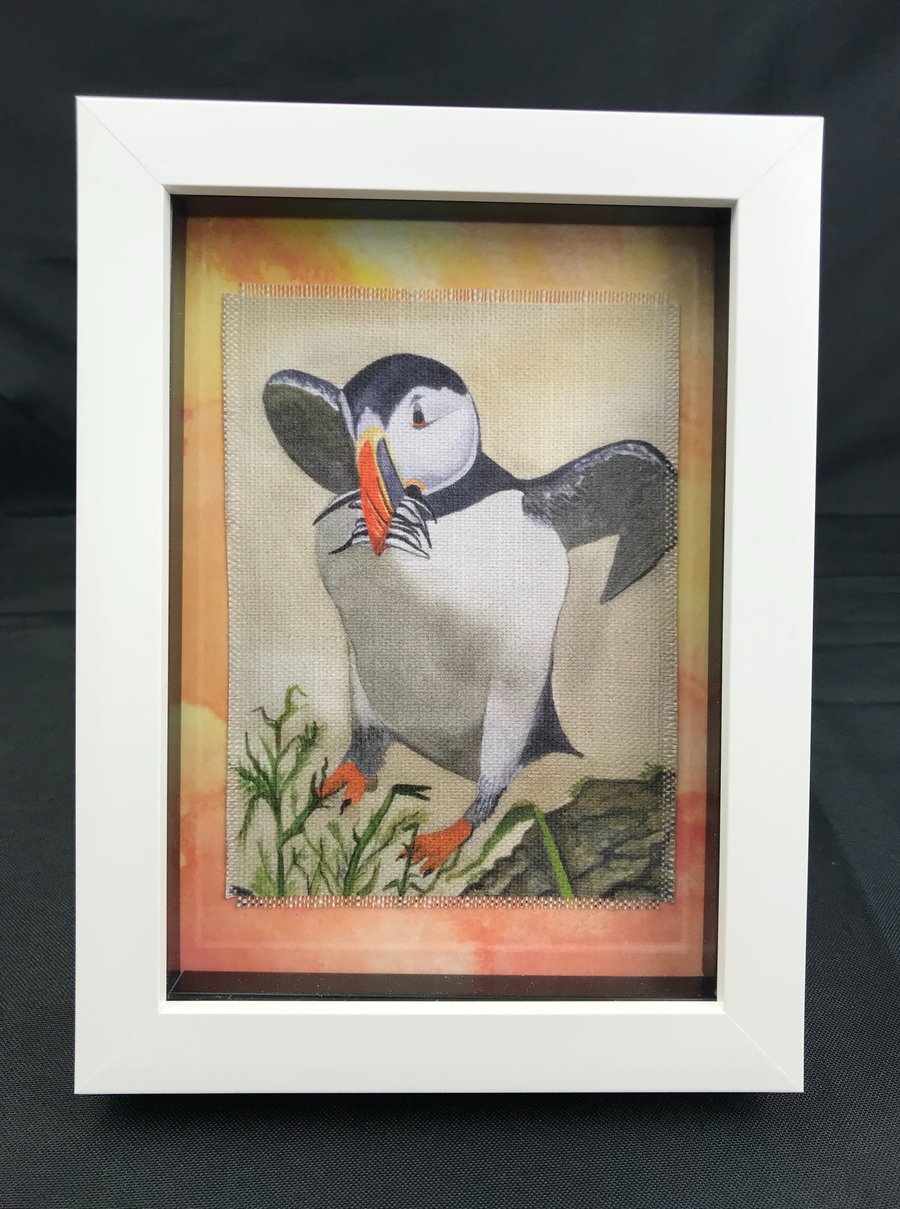 Framed Puffin Watercolour Textile Picture