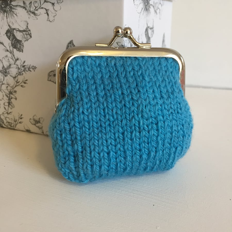 Turquouse Hand Knit  Metal Coin Purse with Kiss Lock Frame for Mothers Day