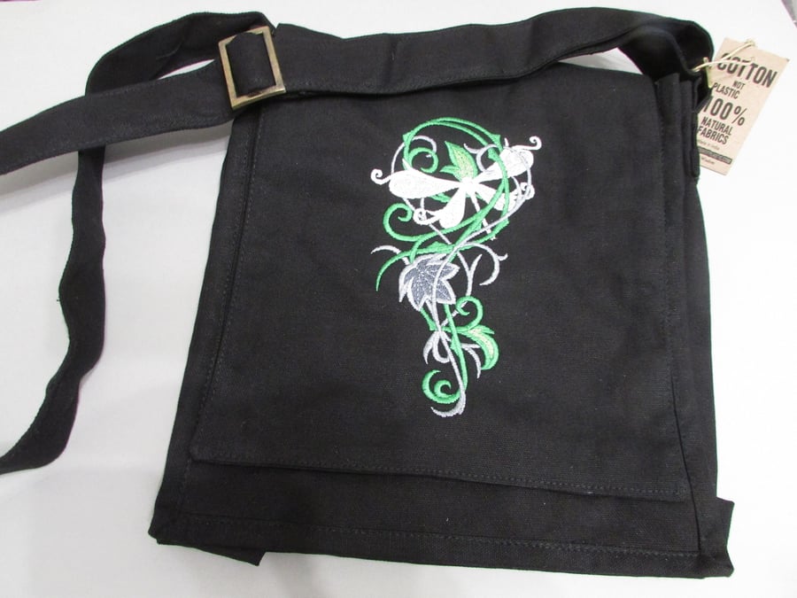 Embroidered Dragonfly Cascade Design Eco Cotton Canvas Bag