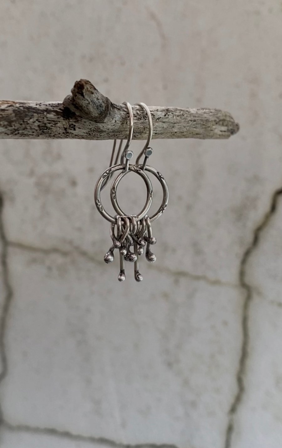 Silver hoops, hand stamped dangly earrings