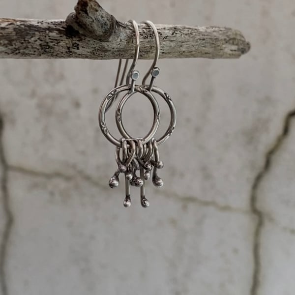 Silver hoops, hand stamped dangly earrings