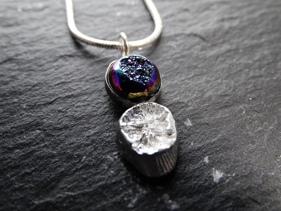 Titanium peacock druzy and cast sterling silver shell from Perranporth Beach