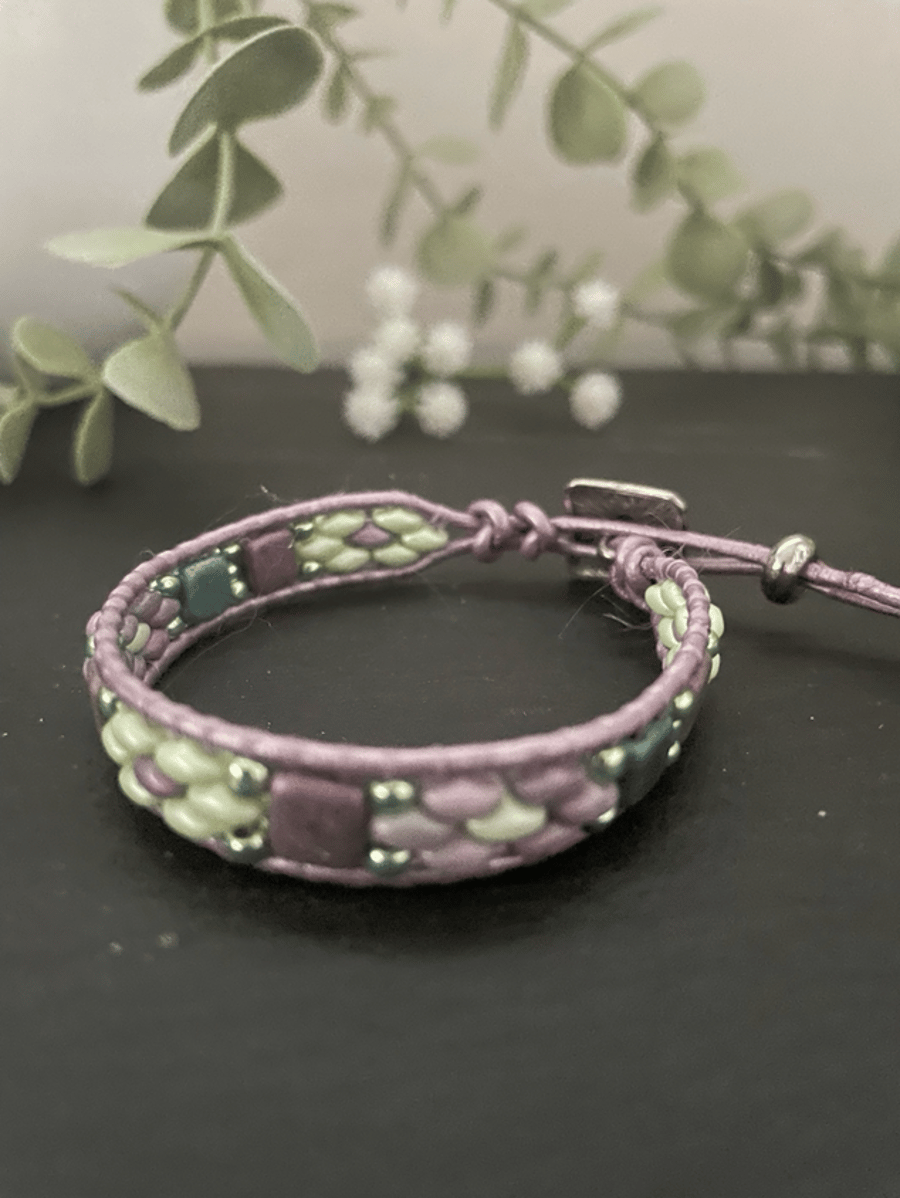 Bracelet ,Pretty lilac beaded leather wrap adjustable boho bracelet 