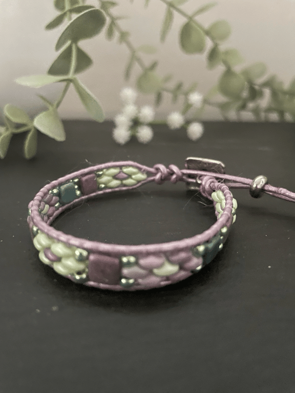 Bracelet ,Pretty lilac beaded leather wrap adjustable boho bracelet 