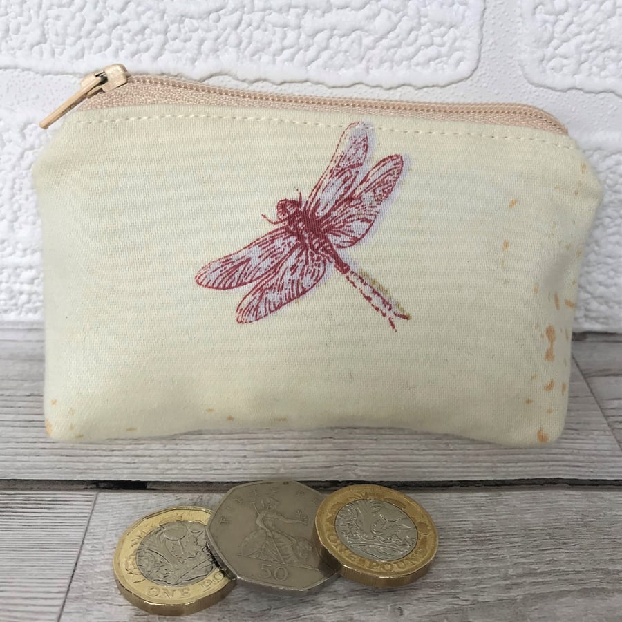 Small purse, coin purse in pale yellow with red dragonfly