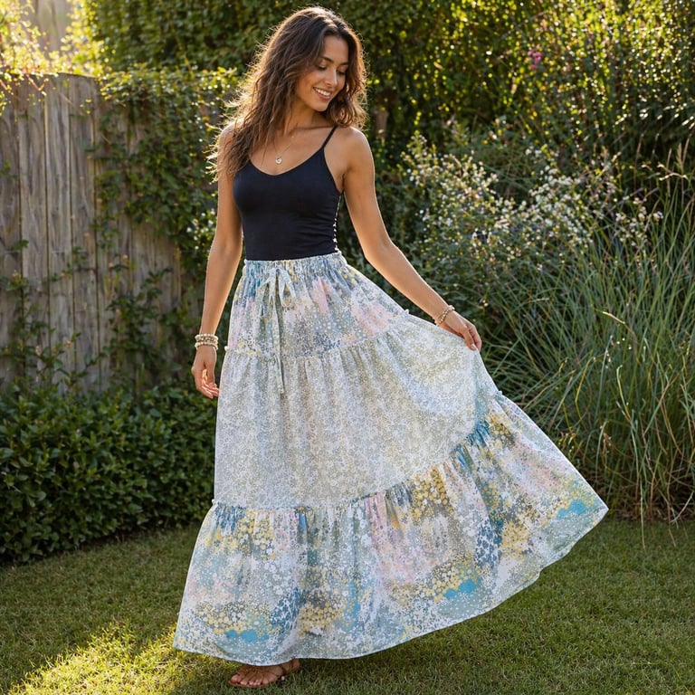 Gipsy skirt upcycled textile 3 tier long elasticated waist green floral skirt