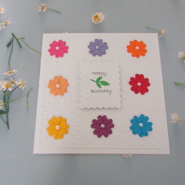 Luxury Embossed Birthday Card White with Multicolour Flowers 3d Effect