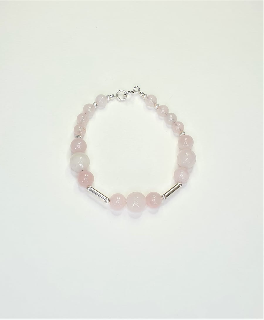 Lovely Rose Quartz and Sterling Silver Pastel Pink Bracelet