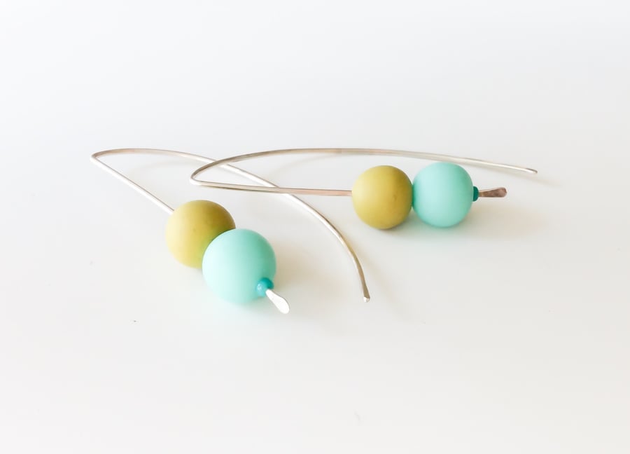 Aqua Blue and Mustard Yellow long wire earrings, contemporary jewellery 