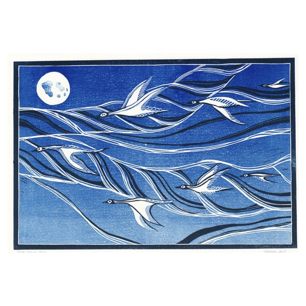 Goose Skein LINO PRINT FLYING GEESE