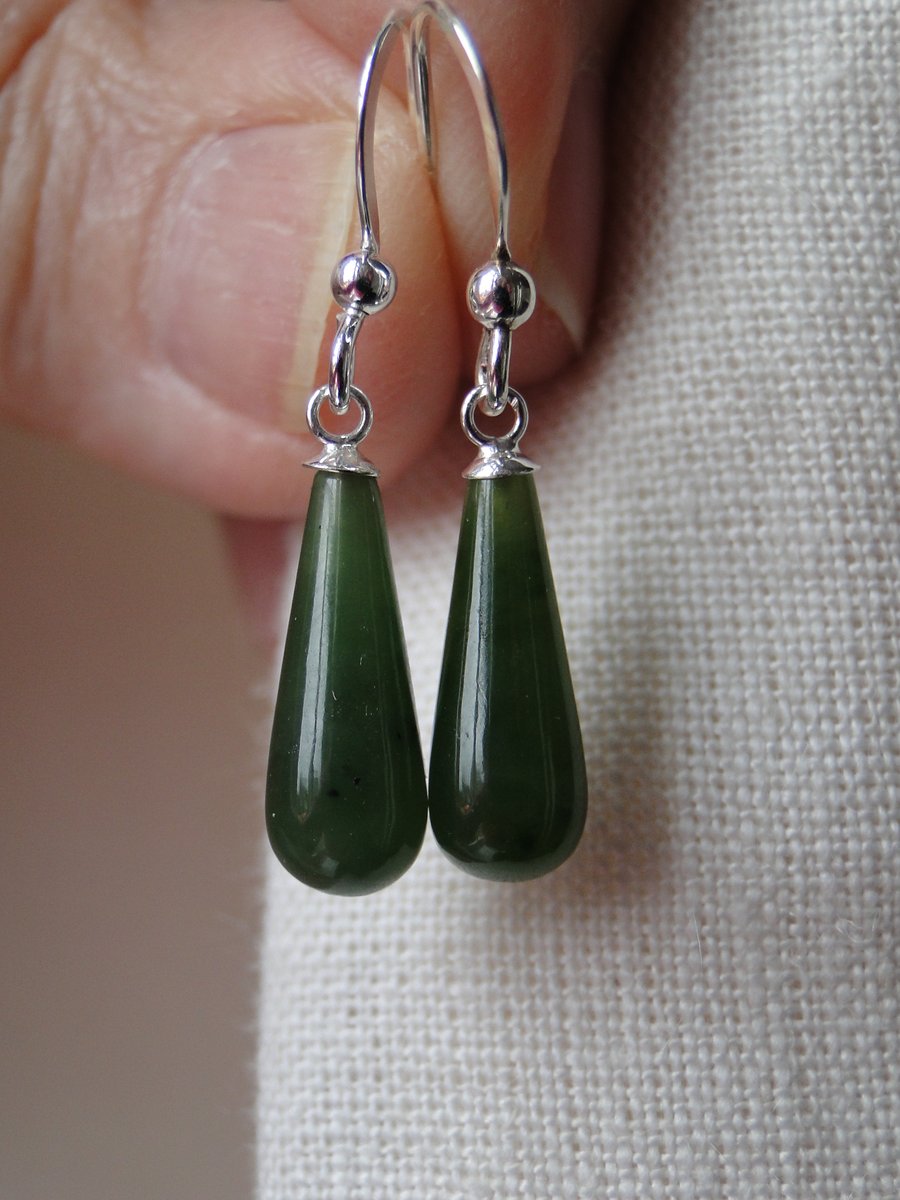 Delicate Green Jade teardrop earrings on sterling silver hooks  Unique present