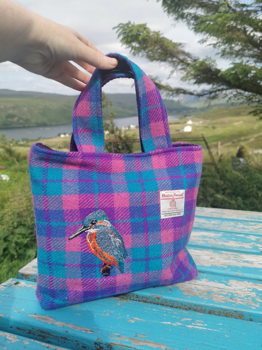 Harris Tweed Handbag with embroidered Kingfisher 