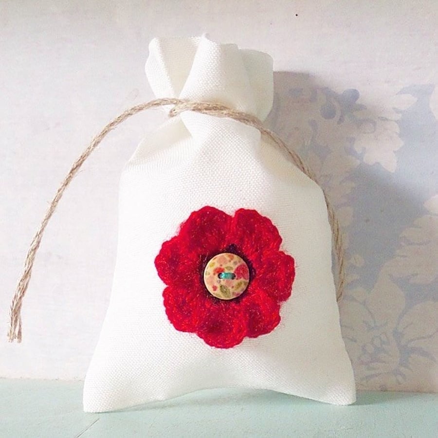 Crocheted Poppy Gift Bag. Flower Bag. Jewellery Bag. Keepsake Bag. Gift Bag.