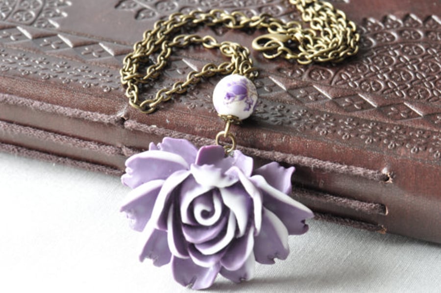 Handmade Necklace with Purple Lucite Flower, Floral Bead on Antique Bronze Chain