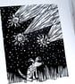 Dog, oblivious to Comets - lino cut print