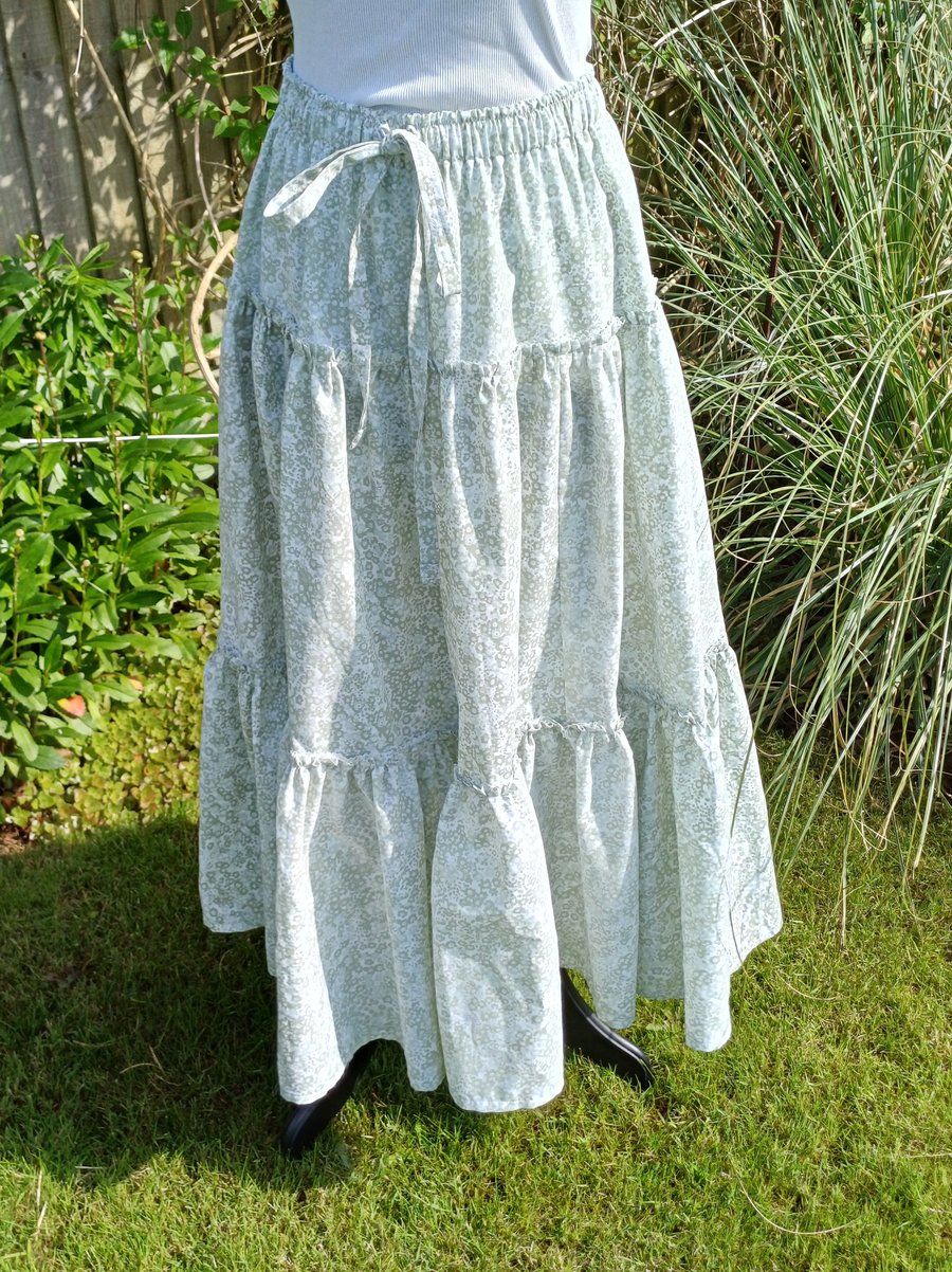 Green and white ditsy floral Boho skirt 3 tier gipsy skirt upcycled textiles