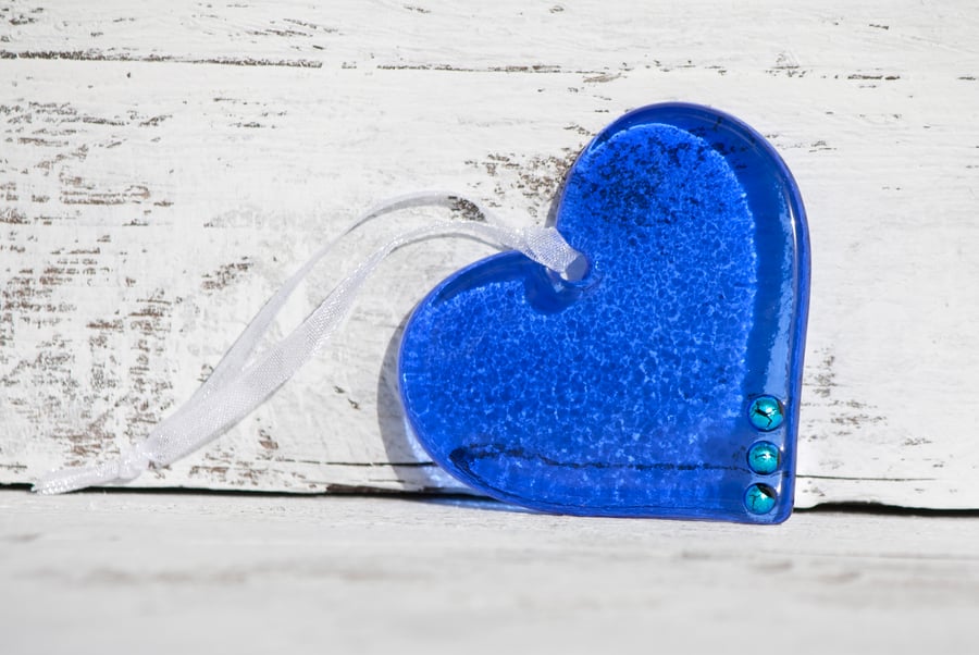 Royal Blue Glass Heart with Turquoise Dichroic Detail
