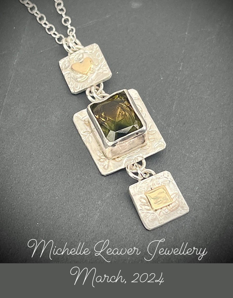 Green Tourmaline Pendant, statement pendant, silver and gold pendant, heart