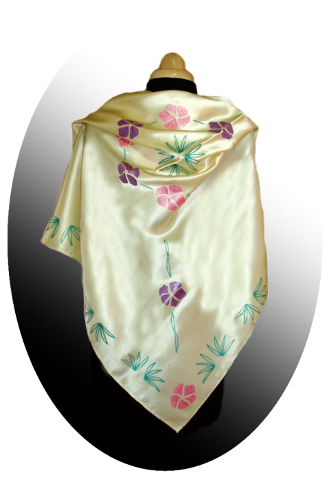 Handpainted square cream silk satin handmade scarf, pink & purple floral design
