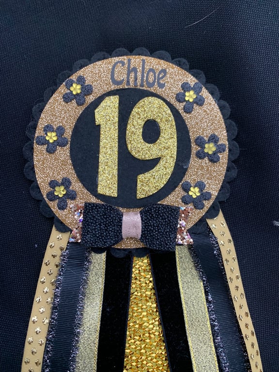 Birthday badge-Rosette Personalised Black and gold theme any age
