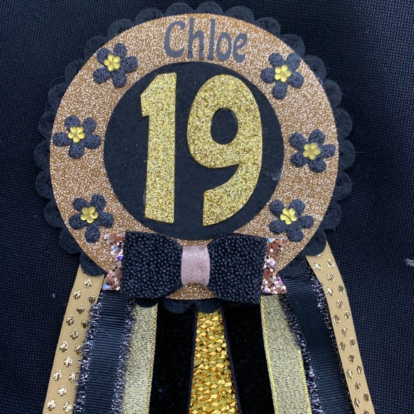 Birthday badge-Rosette Personalised Black and gold theme any age
