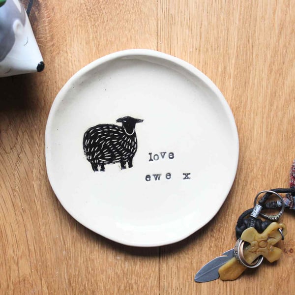 Hand Made Ceramic Trinket Tray - Soap Dish - 'Love Ewe' Sheep