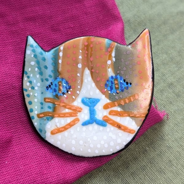 Orange and blue polymer clay cat brooch