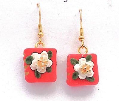 Polymer Clay Red Floral Book Earrings